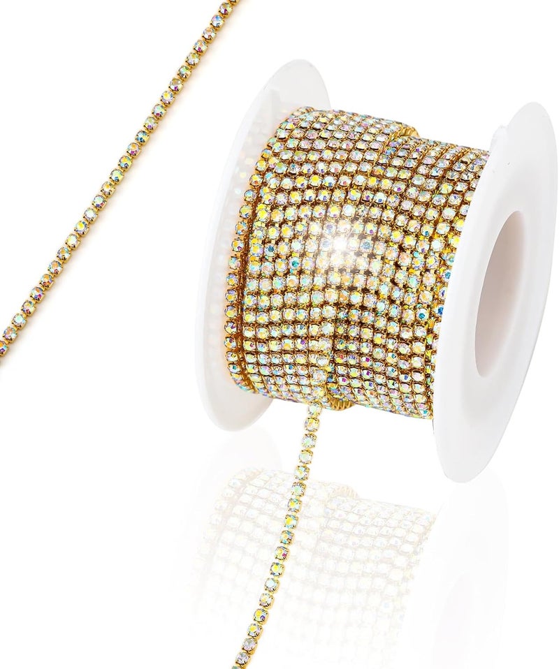Rytenz 10 Yards 2 MM Rhinestone Chain Trim Crystal Close Chain Trim Shiny Rhinestone Chain for Sewing Crafts, DIY Decoration, Jewelry, Clothing, Shoes (AB-Gold, 2MM) - Image 1